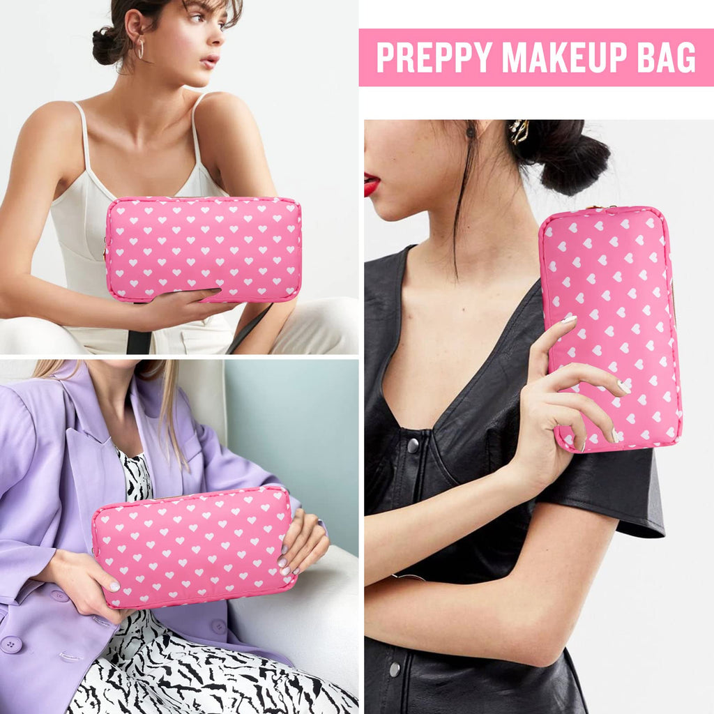 Nylon Small Makeup Bag for Purse, Cute Makeup Bag Preppy Cosmetic Zipper Pouch Purse, Waterproof Portable Travel Toiletry Bag Clutch Makeup Brush Bag Organizer Storage for Women Men Girls(Pink Heart)