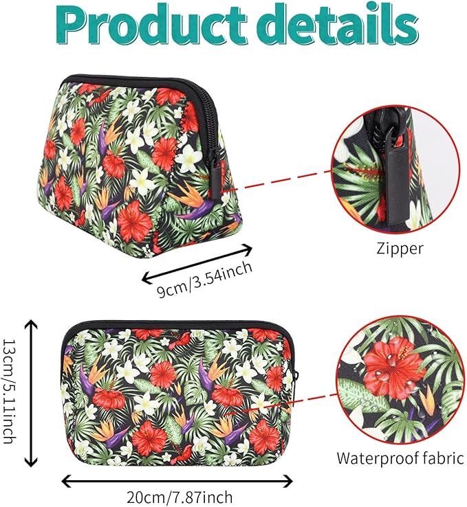 AJLTPA Waterproof Neoprene Cosmetic Bag, Tropical Flower
