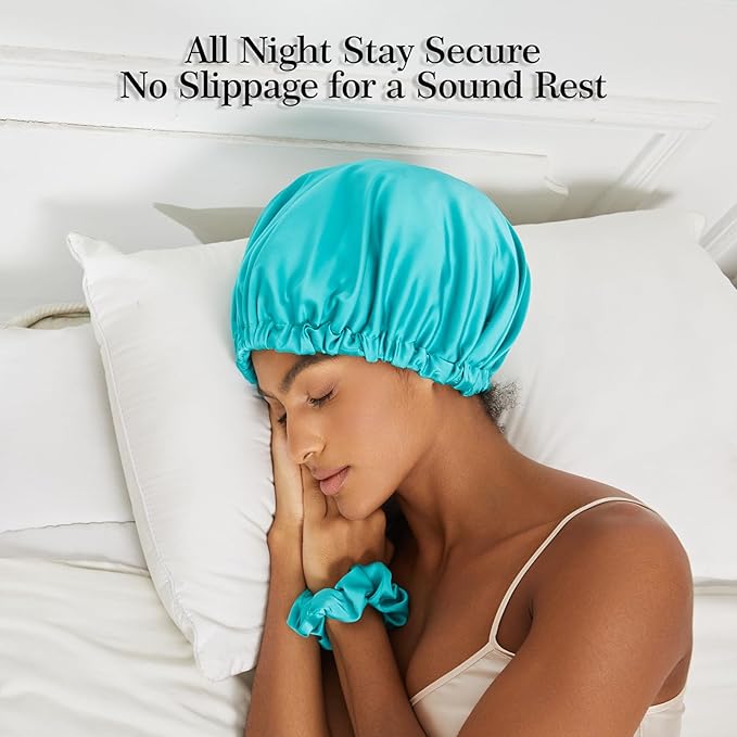 Satin Bonnet Silk Bonnet for Sleeping Women Double Layer Hair Bonnet Wrap Sleep Cap Gifts for Women Curly Hair Green