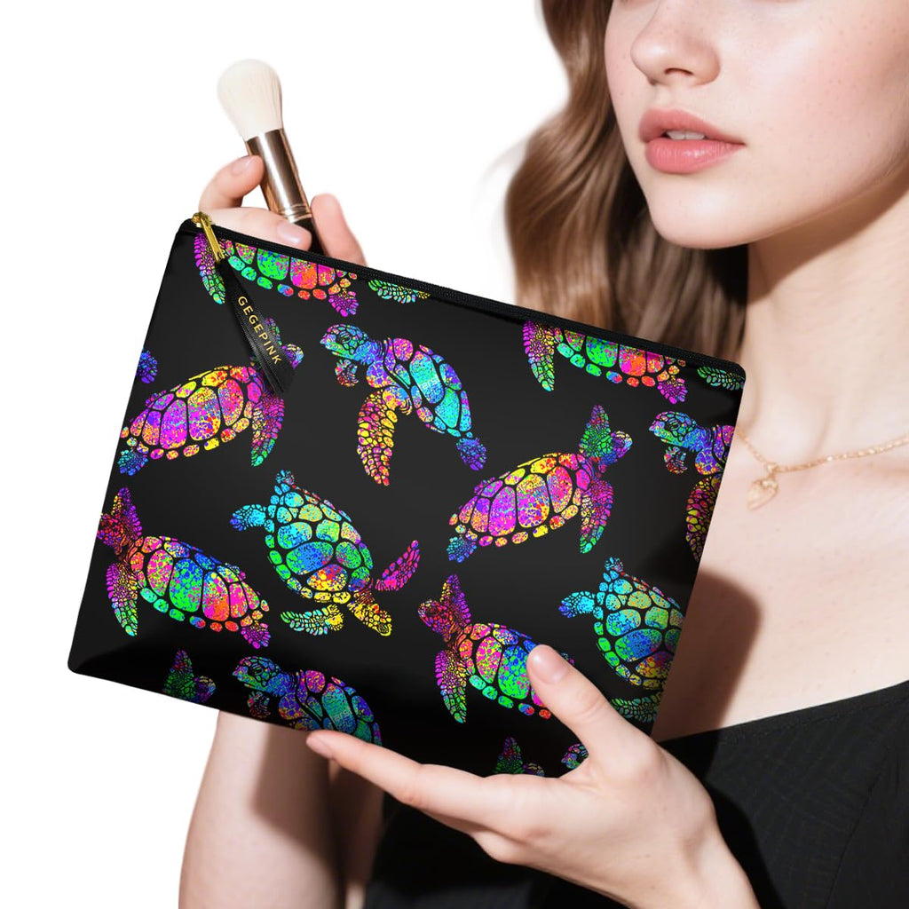 GEGEPINK Cute Makeup Bag for Purse Waterproof Cosmetic Bags for Women Funny Smooth Zipper Travel Toiletry Pouch 10X8 Inches-Rainbow Turtle Makeup pouch