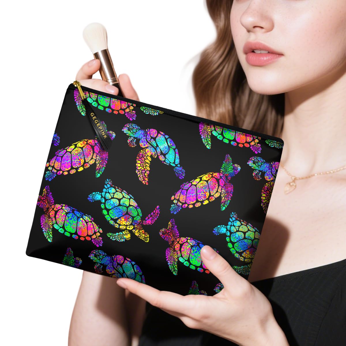 GEGEPINK Cute Makeup Bag for Purse Waterproof Cosmetic Bags for Women Funny Smooth Zipper Travel Toiletry Pouch 10X8 Inches-Rainbow Turtle Makeup pouch
