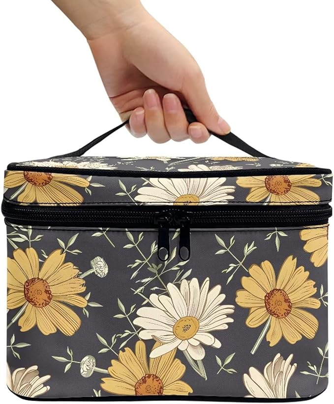 Drydeepin Cottagecore forest Daisy Flower Pattern Travel Makeup Bag for Women,Multifuntional Makeup Organizer,Large Capacity Cosmetic Bag,Toiletry Bag for Women with Zipper and Portable Handle