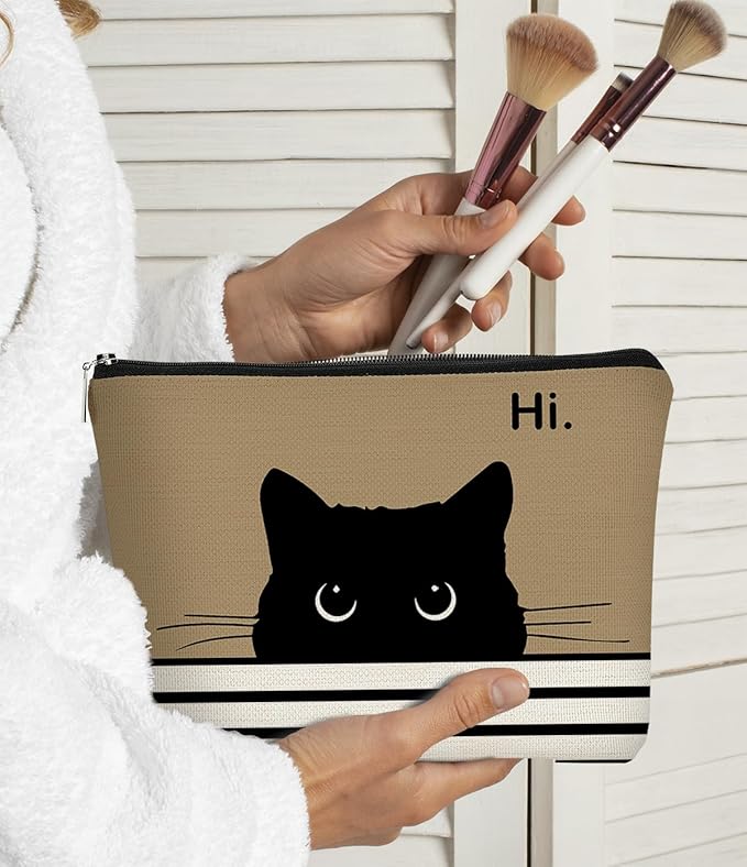 BARPERY Cute Cat Makeup Bag, Kitty Cosmetic Pouch (Black, Light Purple)