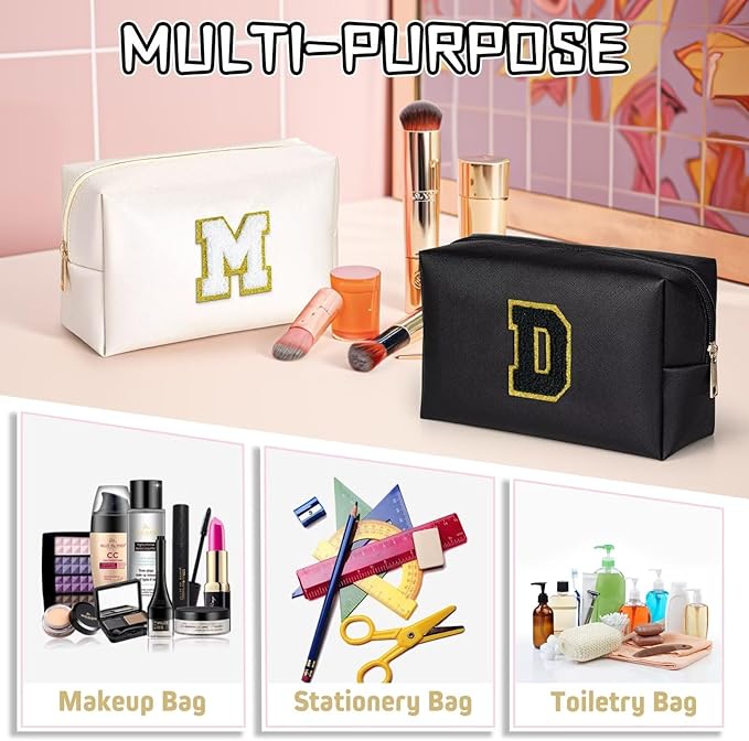 TOPEAST Initial Makeup Bags for Women, Personalized Portable Cosmetic Bag for Travel, Cute Makeup Pouch, PU Leather Waterproof Toiletry Bag, Preppy Things for Girl (Black V)