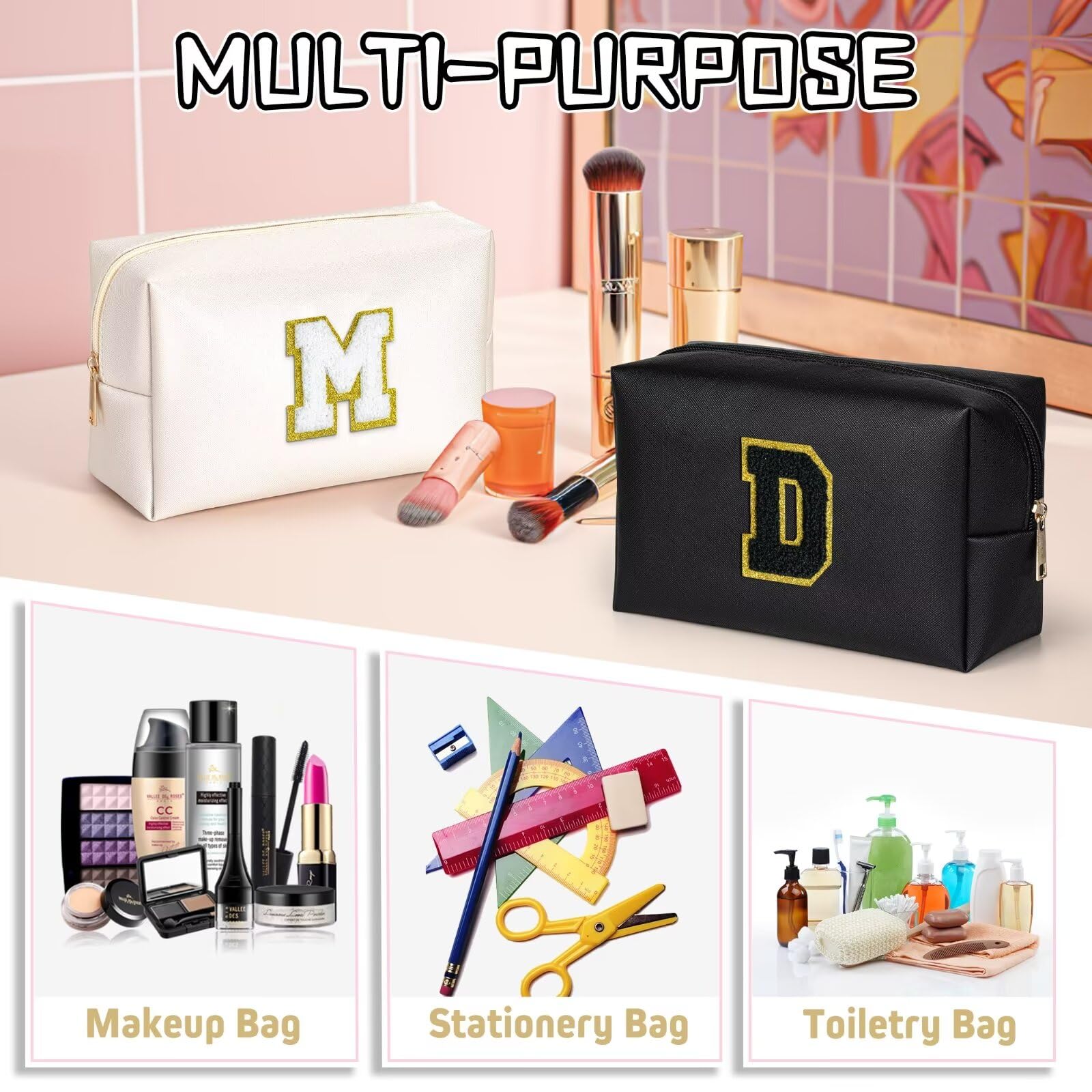 TOPEAST Preppy Stuff Cute Makeup Bag Small Cosmetic Bag Travel Toiletry Bag, Personalized Birthday Wedding Gifts for Mom Teacher Friends Bridesmaids, Preppy Travel Stuff for Girls (Black N)