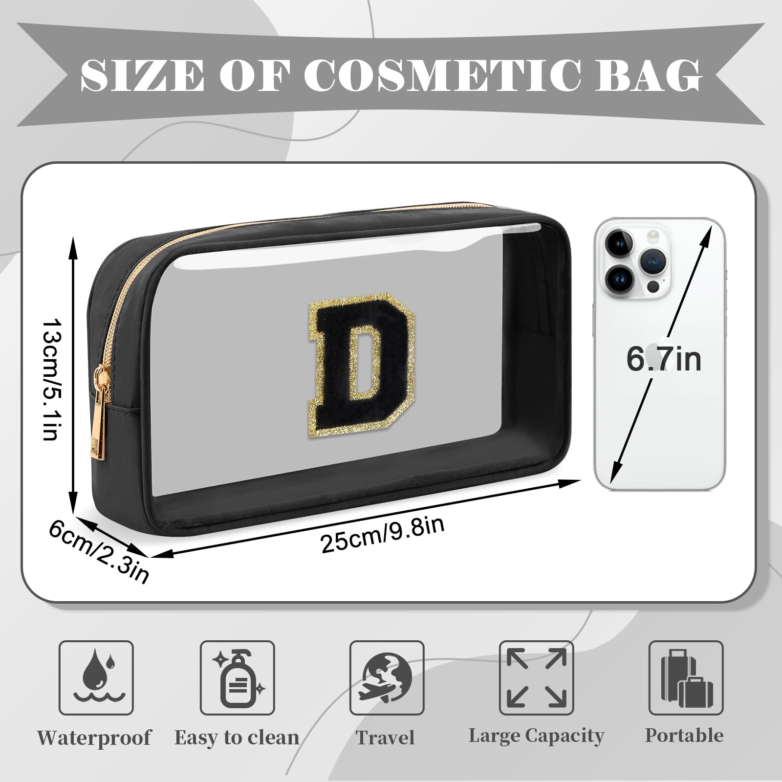 UIXIZQ Personalized Initial Letter Clear Makeup Bag,Preppy Small Nylon&PVC Cosmetic Zipper Bag with Chenille Letter,Travel Skincare Toiletry Bag,Monogram Christmas Gift for Teen Girls Women,D