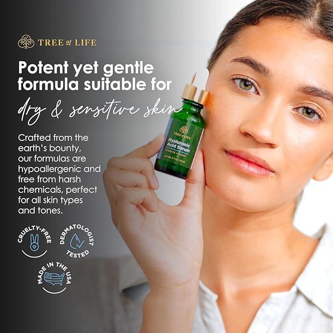Tree of Life Hyaluronic Acid Serum for Face - Brightening and Hydrating Face Oil for Dark Spots and Fine Lines - Suitable for Sensitive Skin - Dermatologist Tested Skin Care - 2 Fl Oz