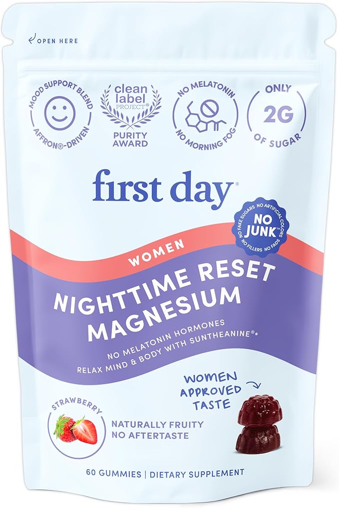 FIRST DAY Magnesium Gummies for Women, L-Theanine, Melatonin-Free, 60ct