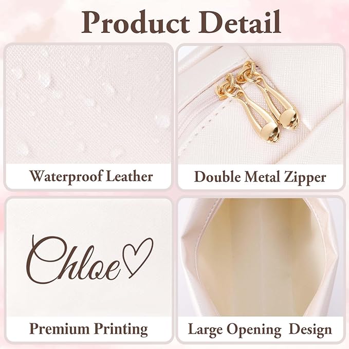 Fincekoom Personalized Makeup Bag with Name & Birth Flower, Custom Leather Cosmetic Bags for Women, Customized Travel Toiletry Bag Gifts for Bridesmaid Wedding