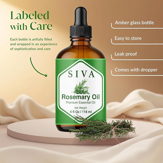 Siva Rosemary Essential Oil 4 Fl Oz – for Diffuser, Skin & Hair Care – Ideal for Massage & DIY Blends- with Dropper
