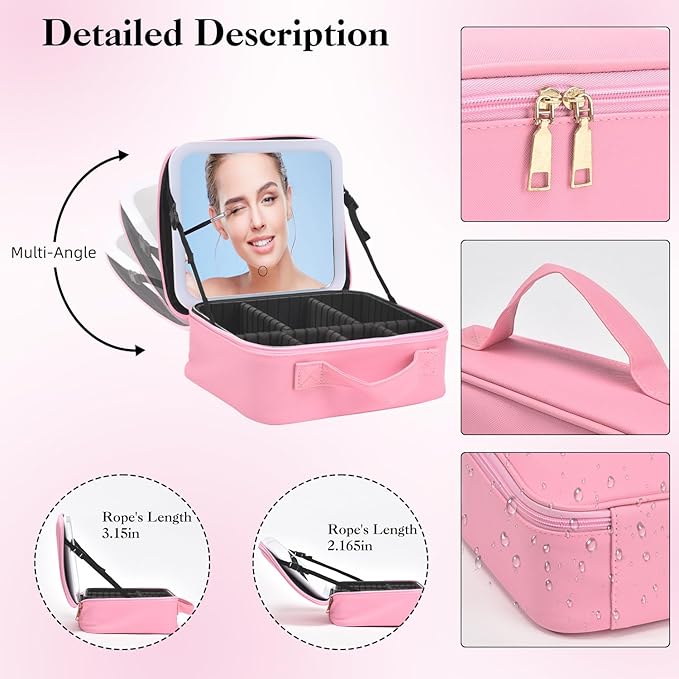 Yaliang Travel Makeup Bag with Mirror & 6 Adjustable EVA Dividers, Hot Pink