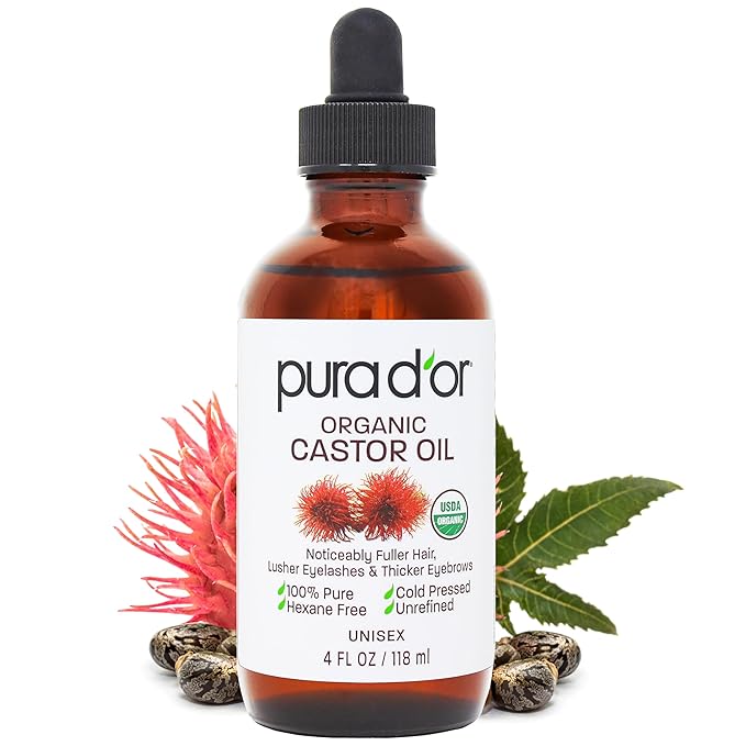 PURA D'OR Organic Castor Oil – Pure Cold-Pressed, Hexane-Free, USDA Certified - Hair, Lashes, Brows, Scalp, Skin: Supporting Softness, Strength, Hydration, Shine & Radiance 4 Oz - Ayurvedic Hair Care