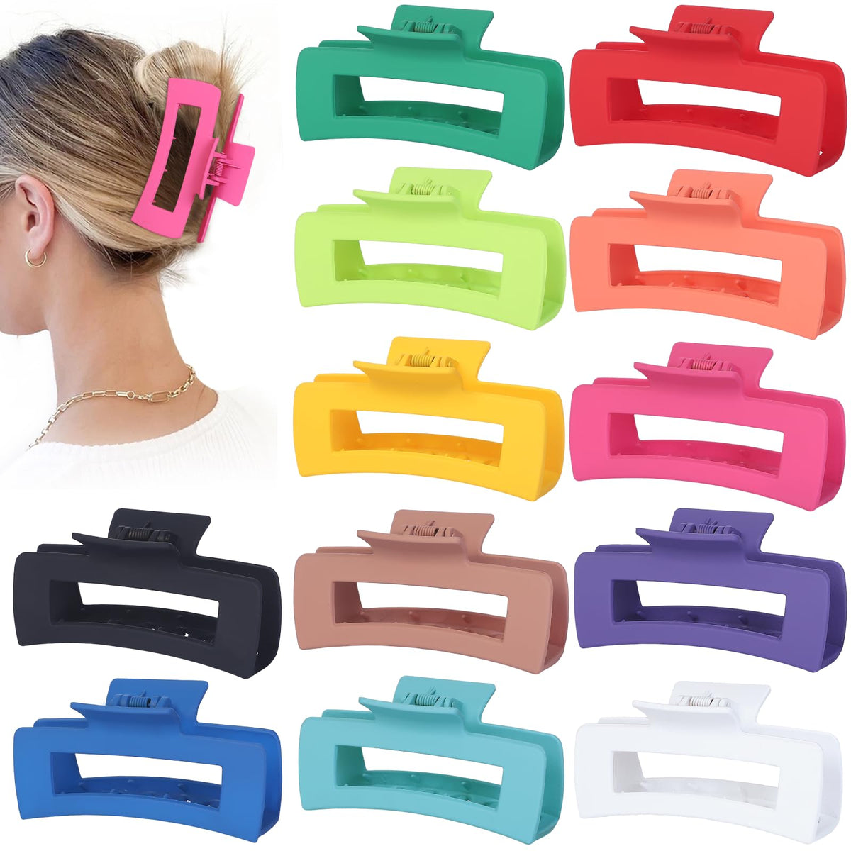 Sisiaipu 4.1 Inch Large Hair Claw Clips 12 Pcs Big Claw for Thick Hair Square Hair Clips Jumbo Jaw Clips Bulk Hair Accessories for women and Girls (Black)