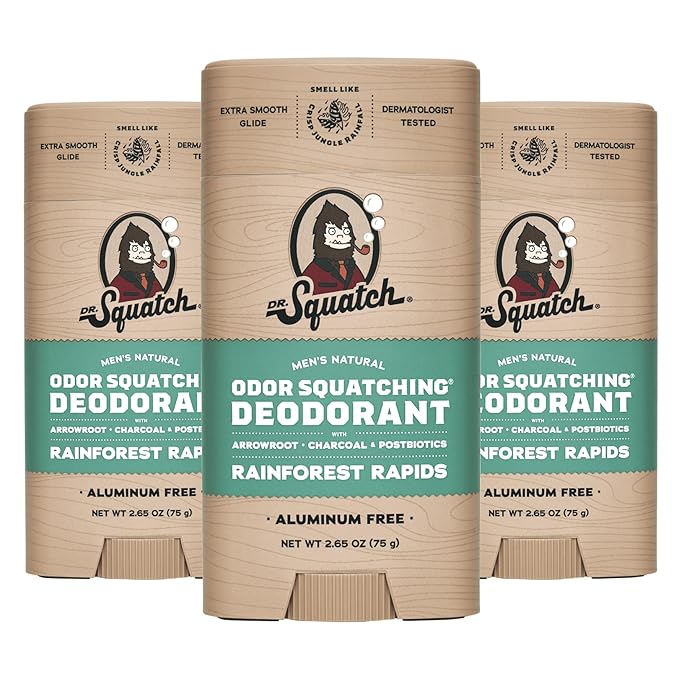 Dr. Squatch Natural Men’s Deodorant – Aluminum Free Natural Deodorant Men with Charcoal & Postbiotics for 72-Hour Odor Protection – Rainforest Rapids, 2.65oz Stick (3-Pack)