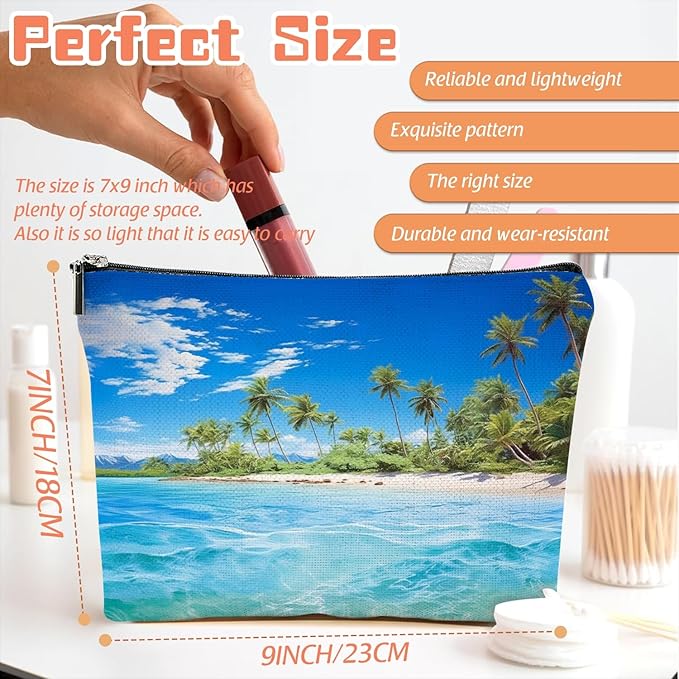 Scribesense Makeup Bag Travel Cosmetic Bags Small Makeup Case Waterproof Zipper Pouch for Women Girls 7X9inches - Tropical Paradise with Palm - Lined Beach