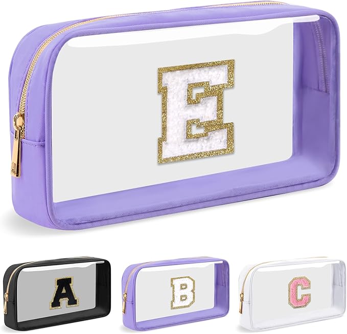 UIXIZQ Personalized Initial Letter Clear Makeup Bag,Preppy Small Nylon&PVC Cosmetic Zipper Bag with Chenille Letter,Travel Skincare Toiletry Bag,Monogram Christmas Gift for Teen Girls Women,E