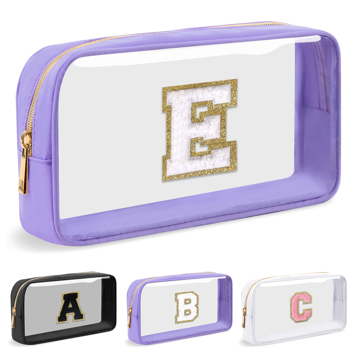UIXIZQ Personalized Initial Letter Bag Boho Straw Clear Makeup Bag,Small Cute Chenille Varsity Letter Bag With Zipper,Beach Travel Toiletry Bag,Portable Monogrammed Cosmetic Bag for Women Girls,E