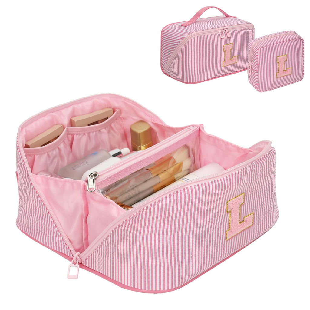 2026 Graduation Gifts - Travel Makeup Bag for Women, 2Pcs Portable Personalized Initial Makeup Organizer Bag, Open Flat Large Cosmetic Bag With Travel Essential Pouch (Pink Letter L)