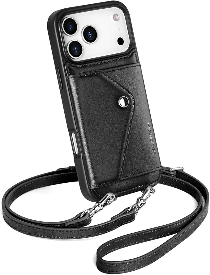 LUCKYCOIN Crossbody Phone Case for iPhone 17 Pro Max, 100% Genuine Leather Phone Wallet Case for Women, Premium Hands-Free Phone Purse with Expandable Flip Card Holder & Adjustable Strap - Retro Black