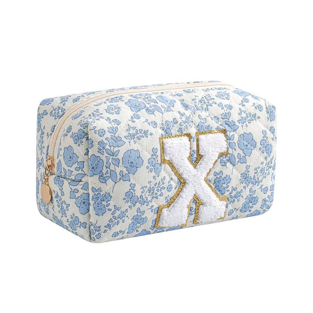 Gleyemor Personalized Initial Makeup Bag for Women, Cute Quilted Blue Floral Cotton Cosmetic Bag, Christmas Gifts for Her Mom Friend Sister Bridesmaid Teacher Women J