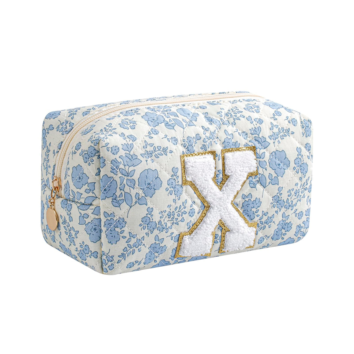 Gleyemor Personalized Initial Makeup Bag for Women, Cute Quilted Blue Floral Cotton Cosmetic Bag, Christmas Gifts for Her Mom Friend Sister Bridesmaid Teacher Women J
