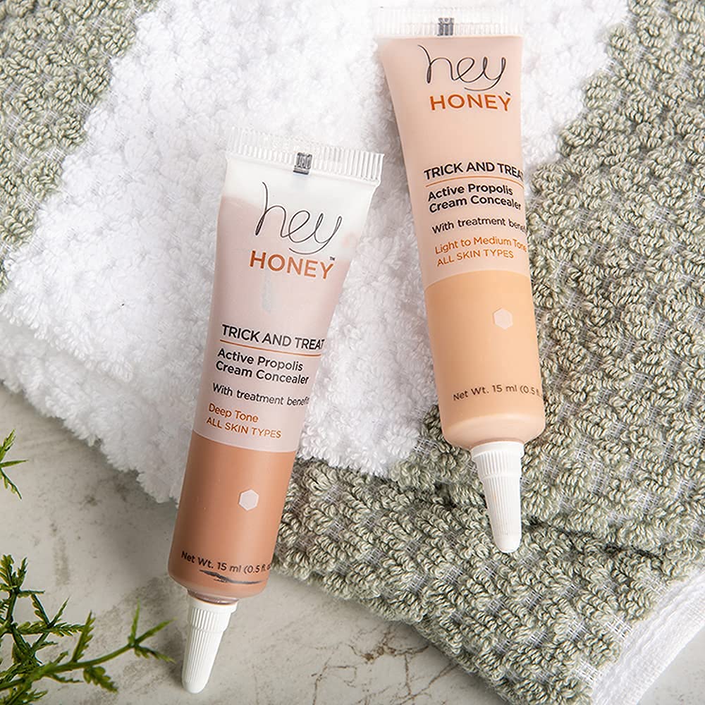 Hey Honey Skincare Trick & Treat Active Honey & Propolis Full-Coverage Concealer | for Rosacea, Acne & Blemishes, Dark Spots, Eye Dark Circles & Discoloration | Light to Medium Tone | 0.5 oz.