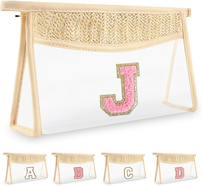 Small Boho Straw Initial Letter Makeup Bag Personalized Gift,Cute Clear Chenille Patch Makeup Bag With Zipper,Trendy TSA Approved Travel Toiletry Bag,Gift for Women Girls Birthday Friend, Letter J