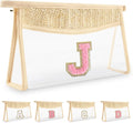 Small Boho Straw Initial Letter Makeup Bag Personalized Gift,Cute Clear Chenille Patch Makeup Bag With Zipper,Trendy TSA Approved Travel Toiletry Bag,Gift for Women Girls Birthday Friend, Letter J