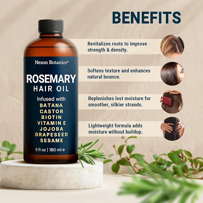 Batana Rosemary Oil for Hair Growth 6 fl oz - Lightweight Scalp Oil for Dry, Damaged Hair & Frizz Control - Aceite de Romero Para el Cabello - Nexon Botanics