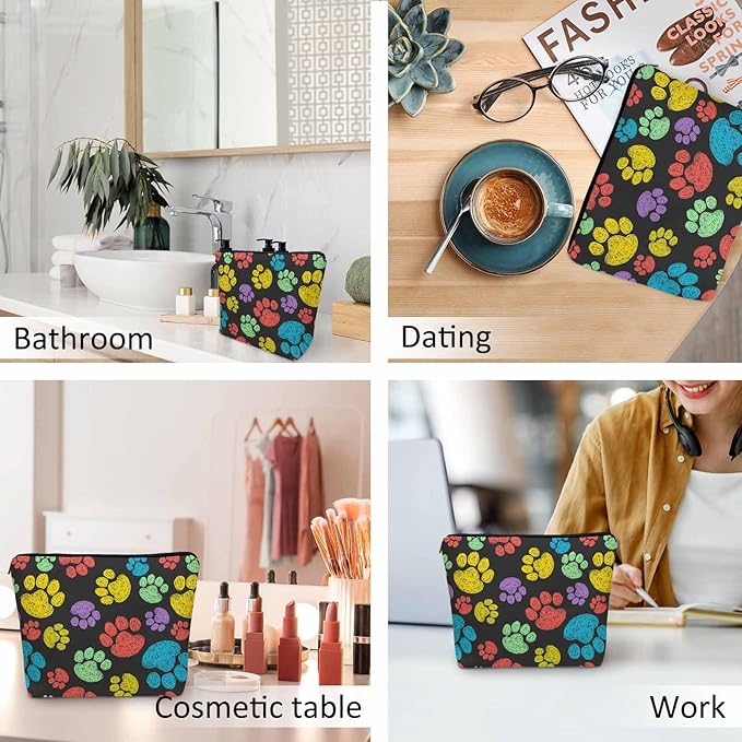 Kalygon Woman Makeup Bag Dog Paw, Rainbow Doodle Paw Prints Cat Footprint Makeup Bags Travel Cosmetic Bags Toiletry Makeup Organizer Pencil Pouch Make Up Cosmetic Bag For Owners Lady Birthday Gifts