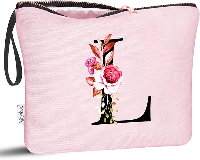 Vavabox A-Z Personalized Makeup Bag, Birthday Gifts for Women Mom, Gifts for Best Friend, Bride Bridesmaid Cosmetic bag (L, 06-Pink)
