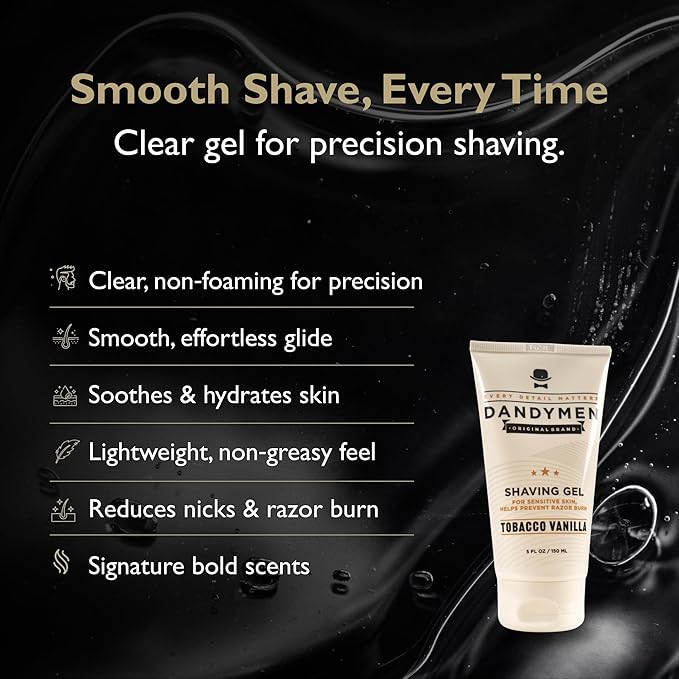 DandyMen Clear Shaving Gel for Men – Precision Edge with Pro-Vitamin B5 – Non-Foaming & Hydrating for Sensitive Skin – Tobacco Vanilla, 5 oz