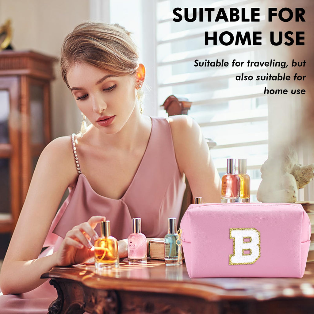 URSKYTOUS Initial Makeup Bag Personalized Preppy Travel Small Cosmetic Bag Cute PU Pink Chenille Letter Makeup Pouch for Purse Waterproof Zippered Toiletry Organizer for Women Girls Kids Friends（B）