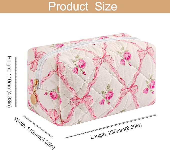 HHQQWZ Makeup Bag Travel Cosmetic Bag for Women Girls, Zipper Make Up Pouch, Floral Flowers Toiletry Organizer Makeup, Portable Storage Bag, Cosmetic Travel Cloth Bag (Pink Bowknot+Blue Bowknot)