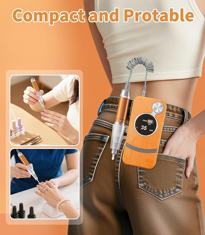 Electric Nail Drill Professional, Portable Rechargeable 35000 RPM - Cordless Electric Nail File Machine Kit for Acrylic Gel Polishing Removing, Manicure at Home DIY & Salon (Orange)
