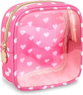 Mini Clear Travel Makeup Organizer Bag for Purse, Samll Cute Preppy Pink Makeup Bag Cosmetic Zipper Pouch Purse, Transparent PVC & Nylon Waterproof Toiletry Storage Clutch for Women Girls(Pink Heart)