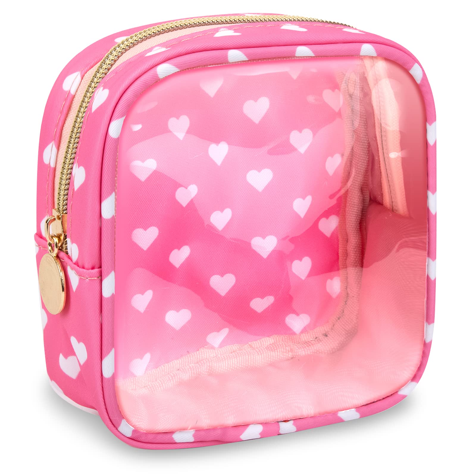 Mini Clear Travel Makeup Organizer Bag for Purse, Samll Cute Preppy Pink Makeup Bag Cosmetic Zipper Pouch Purse, Transparent PVC & Nylon Waterproof Toiletry Storage Clutch for Women Girls(Pink Heart)