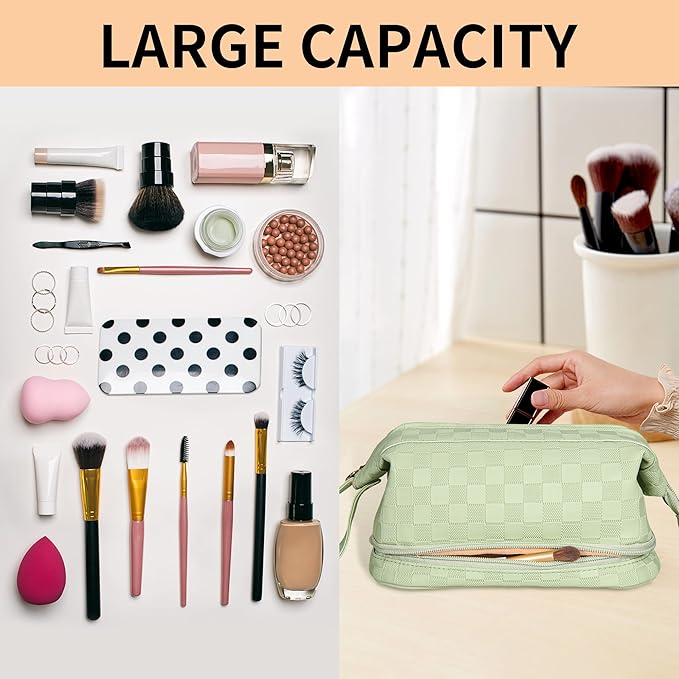 Abiudeng Large Makeup Bag for Women,Travel Makeup Organizer with Brush Holder, Dopp Kit Essentials,Waterproof Checkered Cosmetic Bag for Traveling,Multi Compartment,Cute,Spacious Capacity-Green