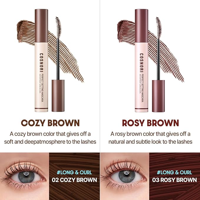 COSNORI Perfect Setting Waterproof Mascara Long&Curl 04 Deep Ash – Natural Defined Lashes with Long-Lasting Curl Hold, Ash Brown Mascara, Smudge-Proof & Clump-Free, 0.23fl oz