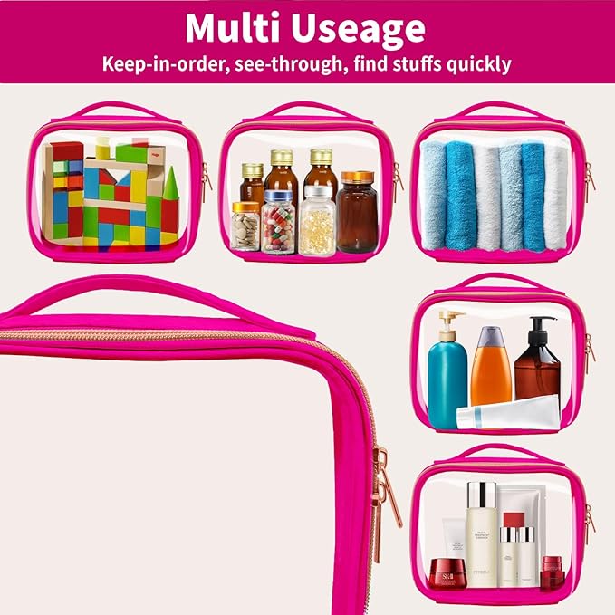 FAYORORY TSA Approved Travel Toiletry Bag,3 Pack Clear Makeup Bags with Handles,Quart Size Clear Cosmetic Bags for Traveling Women,Men,Carry on Airport Airline Compliant Bag,Rose Red