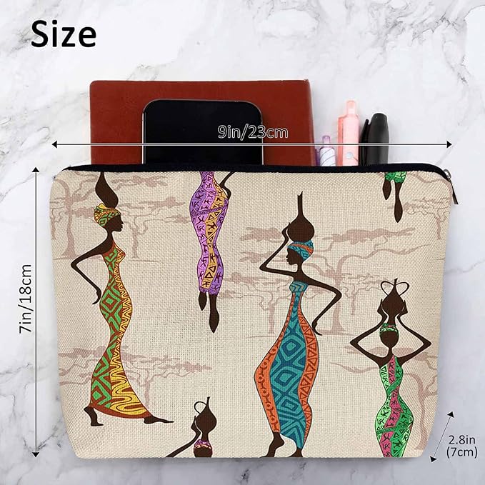 Kalygon African Woman Makeup Bags Makeup Organizer, Black African Women With Vases Flax Toiletry Bags Travel Cosmetic Bag Makeup Purse Pouch Skincare Bag Wallet Bags For Women Female Mom Daughter