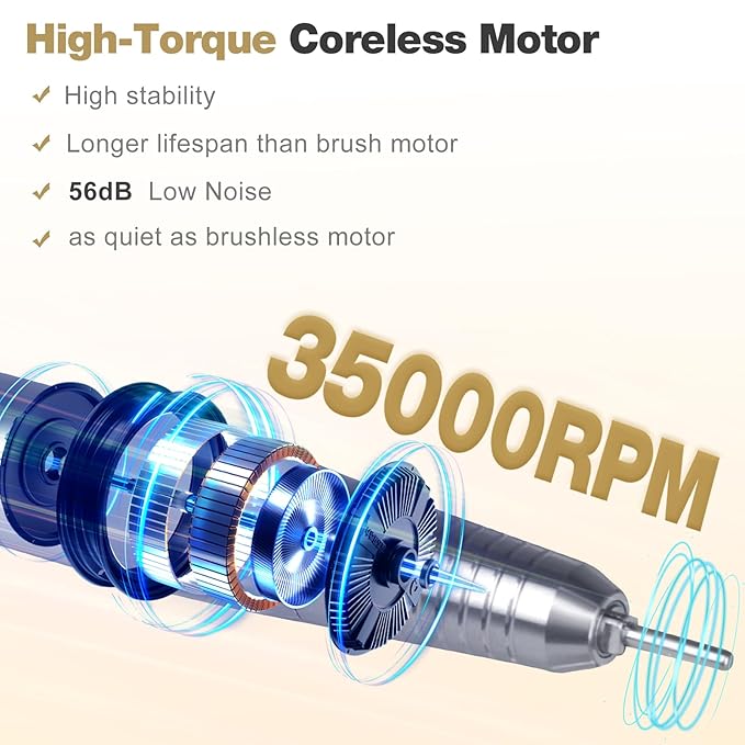 Professional Portable Nail Drill, AZ GOGO 35000RPM Rechargeable Cordless Electric Nail Drills for Acrylic Gel Nails - 60W Coreless Motor Quieter, High Efficiency Pro E-File for Salon & Home