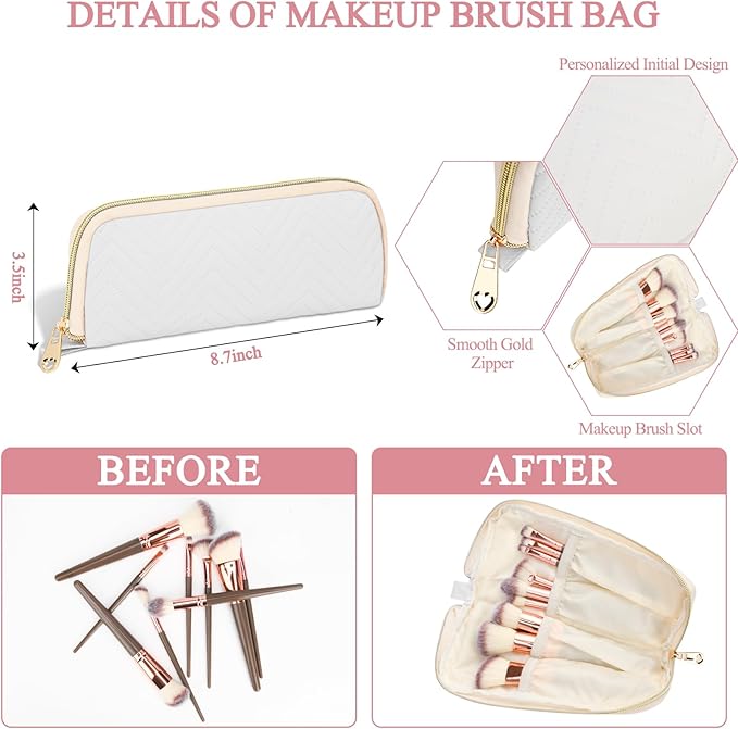 Personalized Initial Makeup Bag Trendy Stuff Leather Waterproof Cosmetic Bag Travel Toiletry Bag, Makeup Organizer Case Mother's Day/Birthday/Graduation Gifts for Women Girls Mom Girlfriend White.