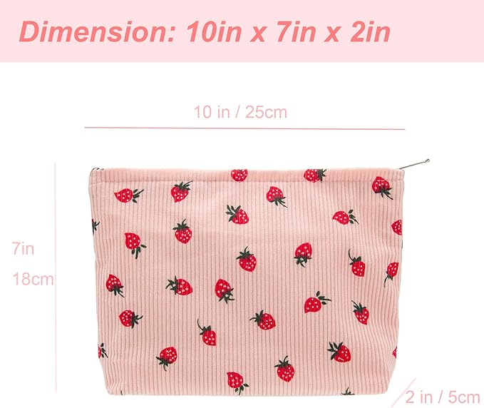 Flat Makeup Bag for Women,Zipper Cosmetic Pouch for Purse,Strawberry Pink