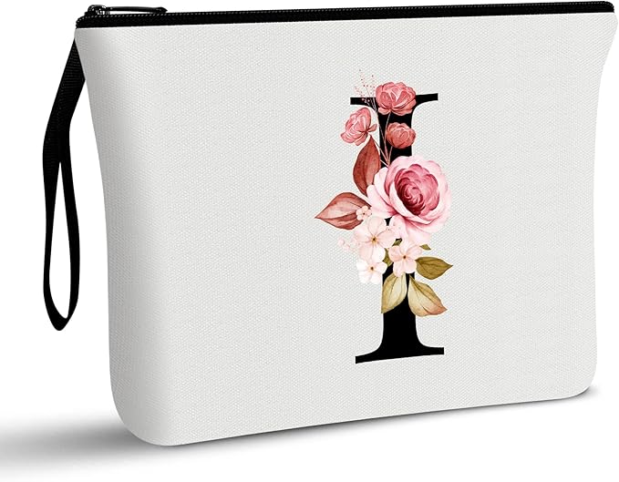 Vavabox A-Z Personalized Makeup Bag, Birthday Gifts for Women Mom, Gifts for Best Friend, Bride Bridesmaid Cosmetic bag (I, 01-White)