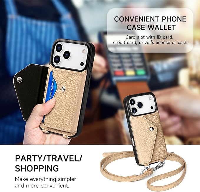 LUCKYCOIN Crossbody Phone Case for iPhone 17 Pro,100% Genuine Leather Phone Wallet Case for Women, Premium Hands-Free Phone Purse with Expandable Flip Card Holder & Adjustable Strap - Pebble Beige