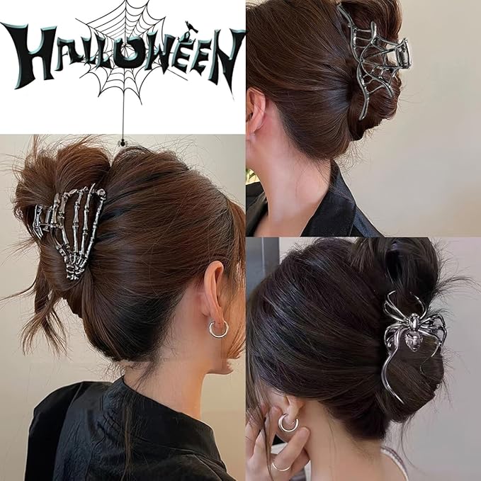 Parcce 3 Pieces Large Metal Spider Net Hand Hair Claw Clips for Women and Girls Thick Long Hair, Nonslip Skeleton Spooky Barrette Headband Hair Styling Accessories for Halloween