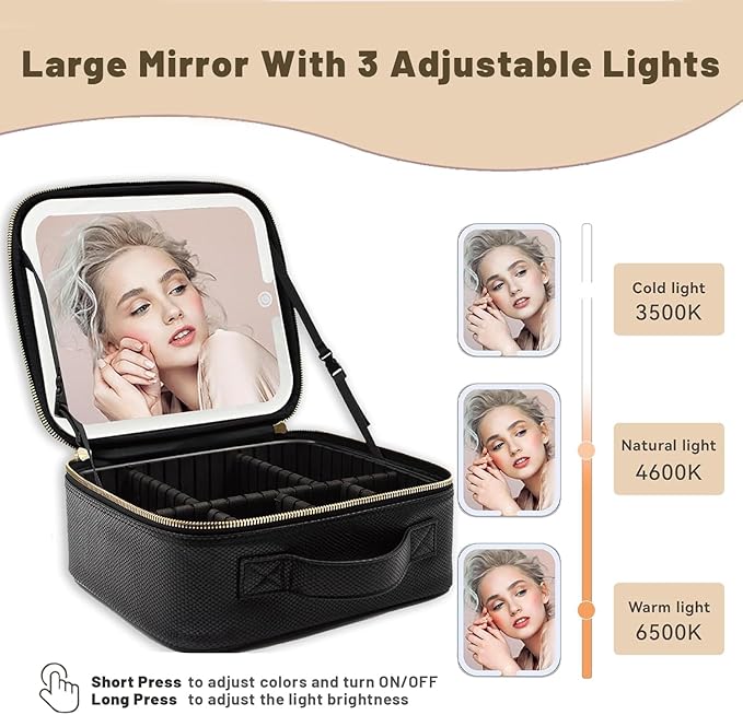 PRALENA Travel Makeup Bag with LED Mirror – 3 Brightness Modes, Portable Lighted Makeup Case with Adjustable Dividers, Cosmetic Organizer Gift for Women (Black)