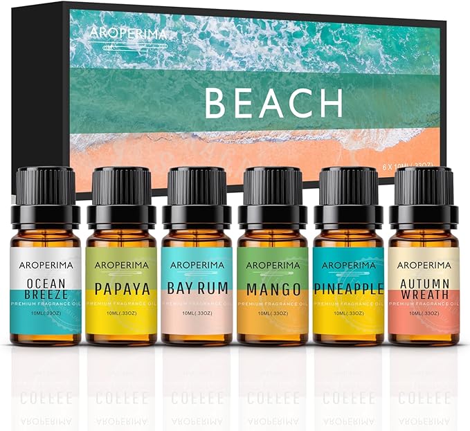 AROPERIMA Beach Fragrance Essential Oil Set - Ocean Breeze, Bay Rum, Pineapple, Autumn Wreath, Mango, Papaya 6x10ML Essential Oil for Diffusers, Soap Making and Candle