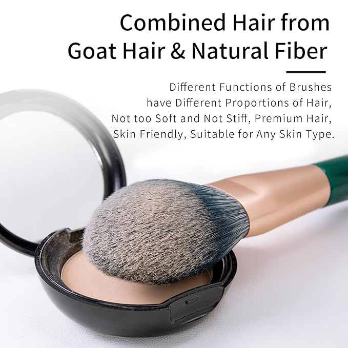 ENZO KEN Natural Fiber & Goat Hair Makeup Brush Set Professional, Combined Hair Makeup Brushes Set with Case, Green Cosmetic Brushes Makeup Set, Natural Makeup Brushes, Natural Bristle Makeup Brushes.